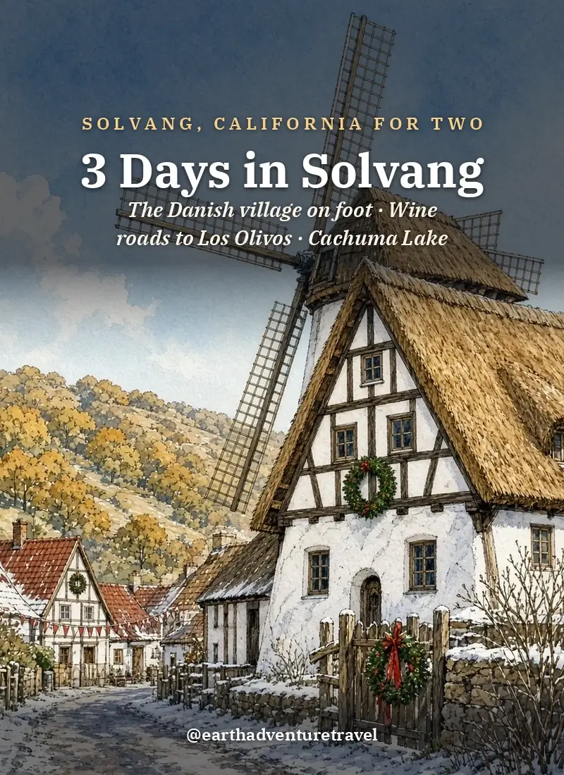 Original Illustration: a windmill on a lit street in the Danish village of Solvang at dusk