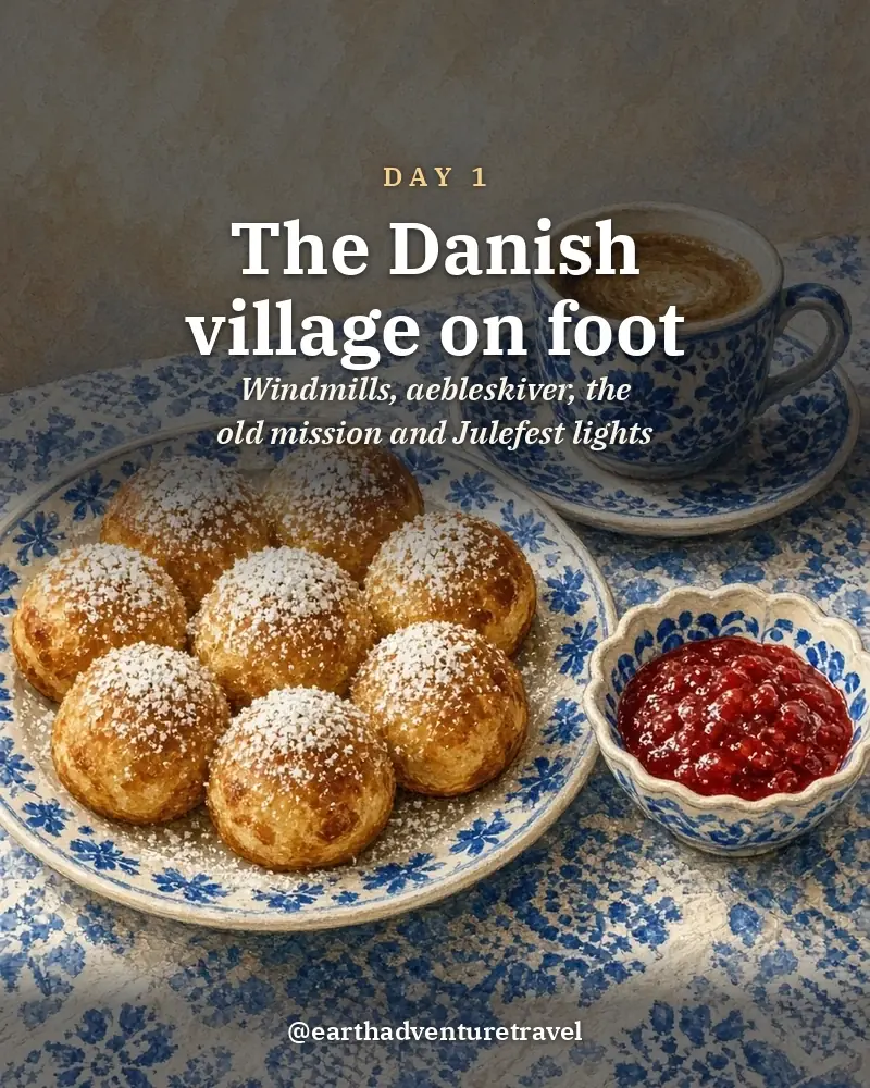 Illustrated day card: Windmills, aebleskiver, the old mission and Julefest lights