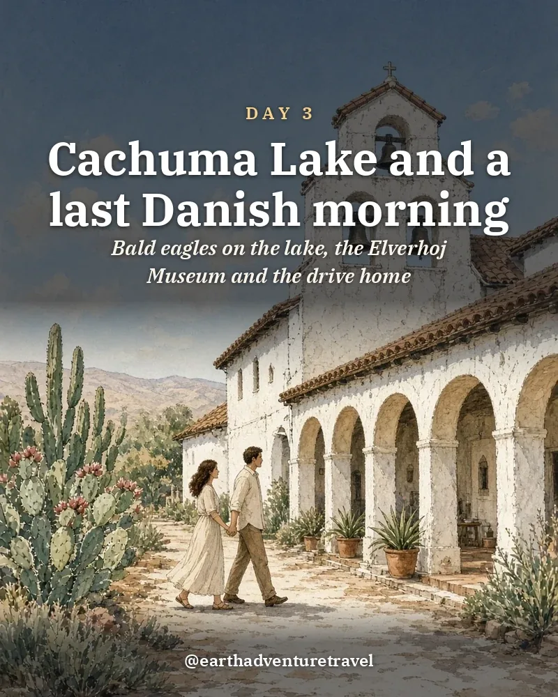 Illustrated day card: Bald eagles on the lake, the Elverhoj Museum and the drive home