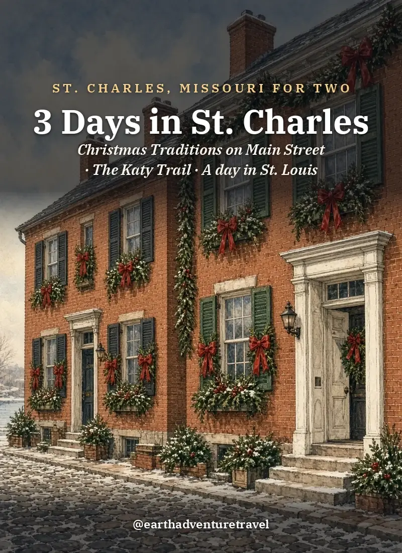 Original Illustration: a brick Main Street with garlands, wreaths and old street lamps in St. Charles, Missouri