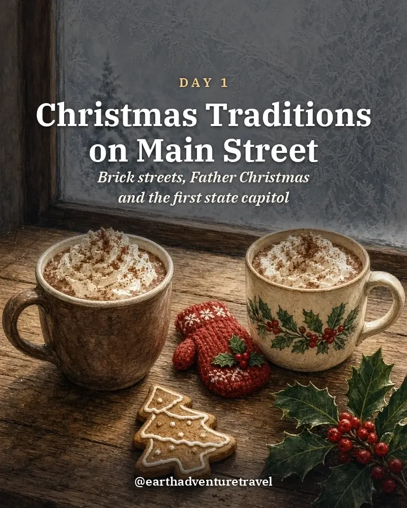 Illustrated day card: Brick streets, Father Christmas and the first state capitol