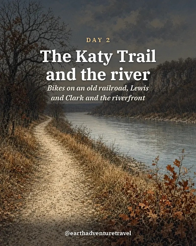 Illustrated day card: Bikes on an old railroad, Lewis and Clark and the riverfront