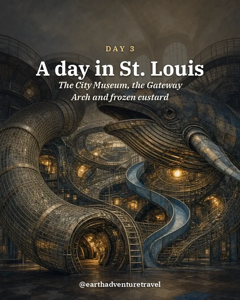 Illustrated day card: The City Museum, the Gateway Arch and frozen custard