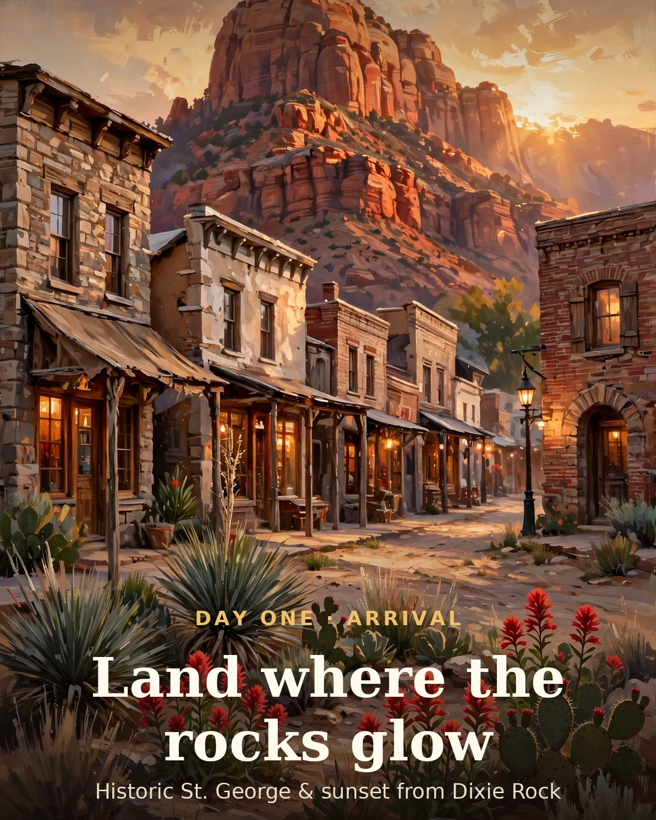 Day 1 itinerary card: historic St. George at golden hour beneath Dixie Rock