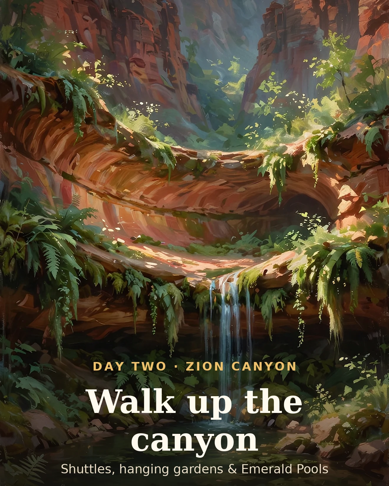 Day 2 itinerary card: a waterfall spilling into an emerald pool beneath red cliffs