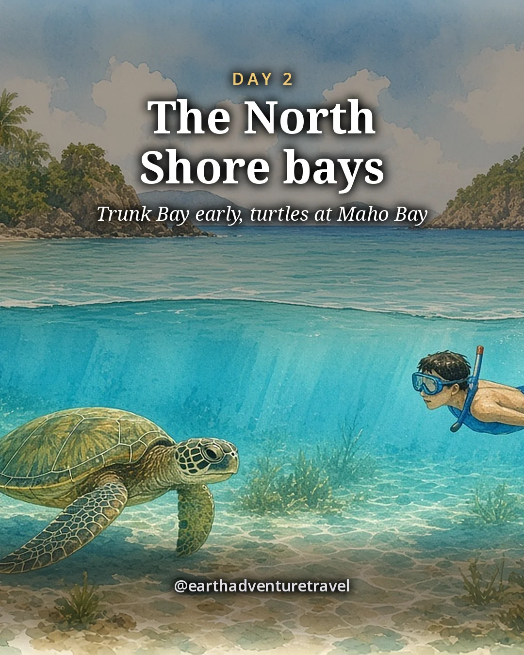 Illustration: a green sea turtle swimming over seagrass in clear turquoise water while a snorkeler watches from a distance, with a palm-lined beach and green hills above the surface, illustrated day card for Day 2