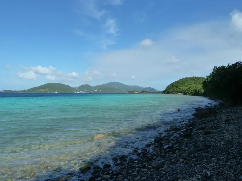 Leinster Bay and Waterlemon Cay seen from the Leinster Bay Trail, clear shallows along a rocky shore and green hills across the water