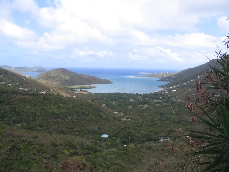 Coral Bay from the hills above, a long sheltered bay between green ridges with boats moored in the water