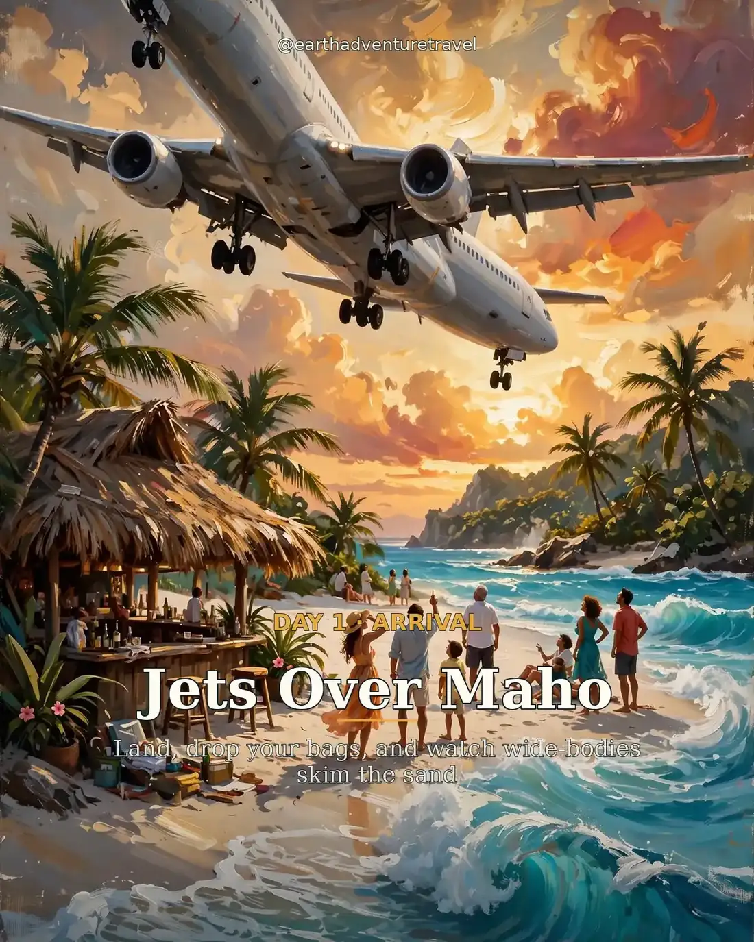 Day 1 itinerary graphic for Maho Beach jets