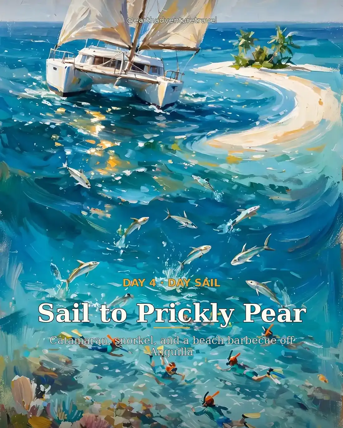 Day 4 itinerary graphic — catamaran sail to Prickly Pear