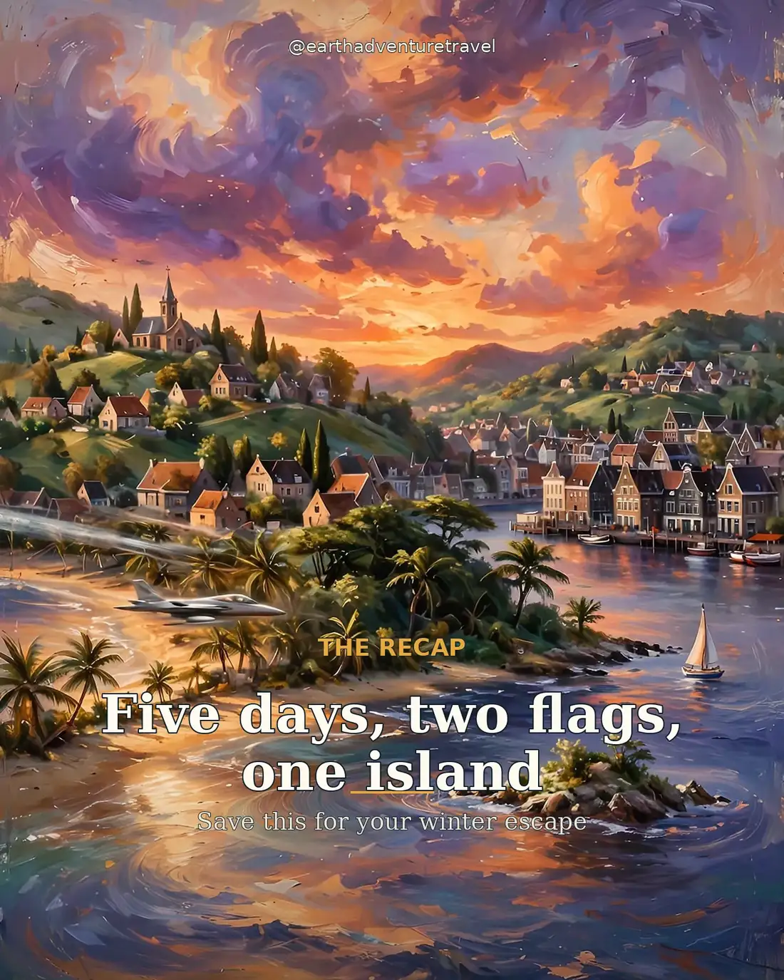 Trip recap graphic — five days, two flags, one island