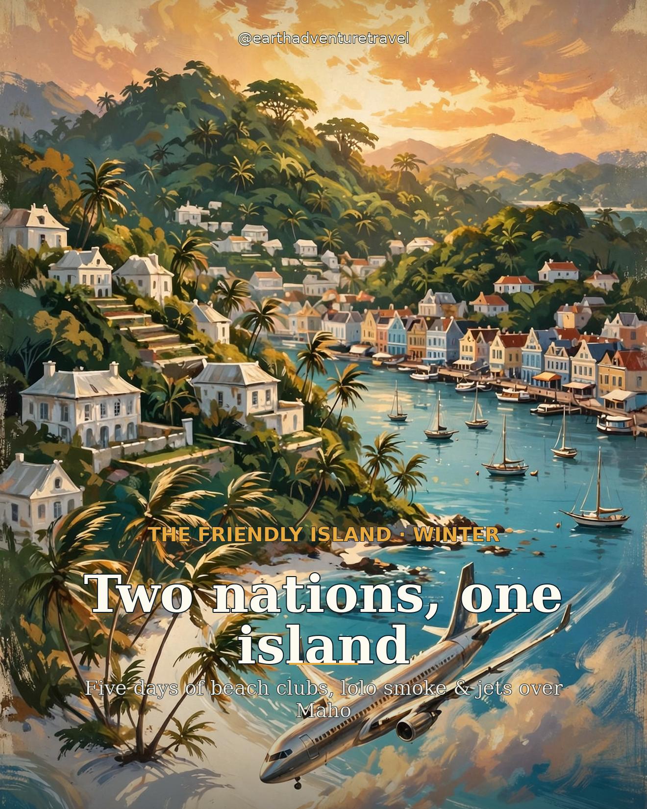Illustrated St. Maarten couples travel guide cover — jet over Maho Beach at sunset