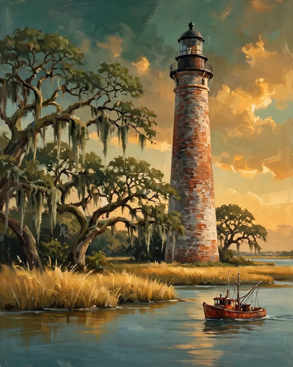 Illustrated Golden Isles couples guide cover: the St. Simons lighthouse rising over moss-draped live oaks and golden marsh, a shrimp boat crossing the sound
