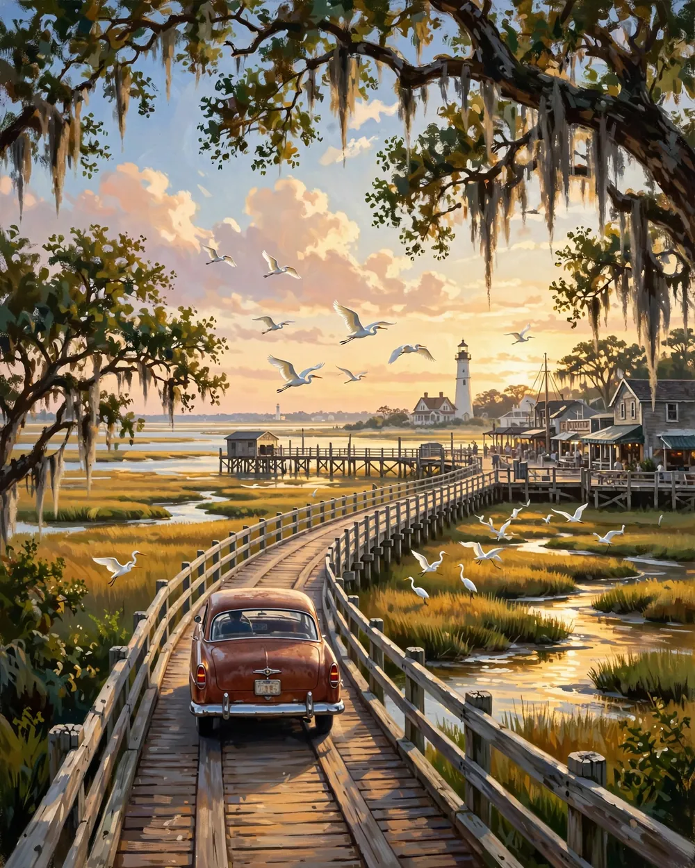 Day 1 graphic: crossing the causeway into the Golden Isles, the lighthouse ahead