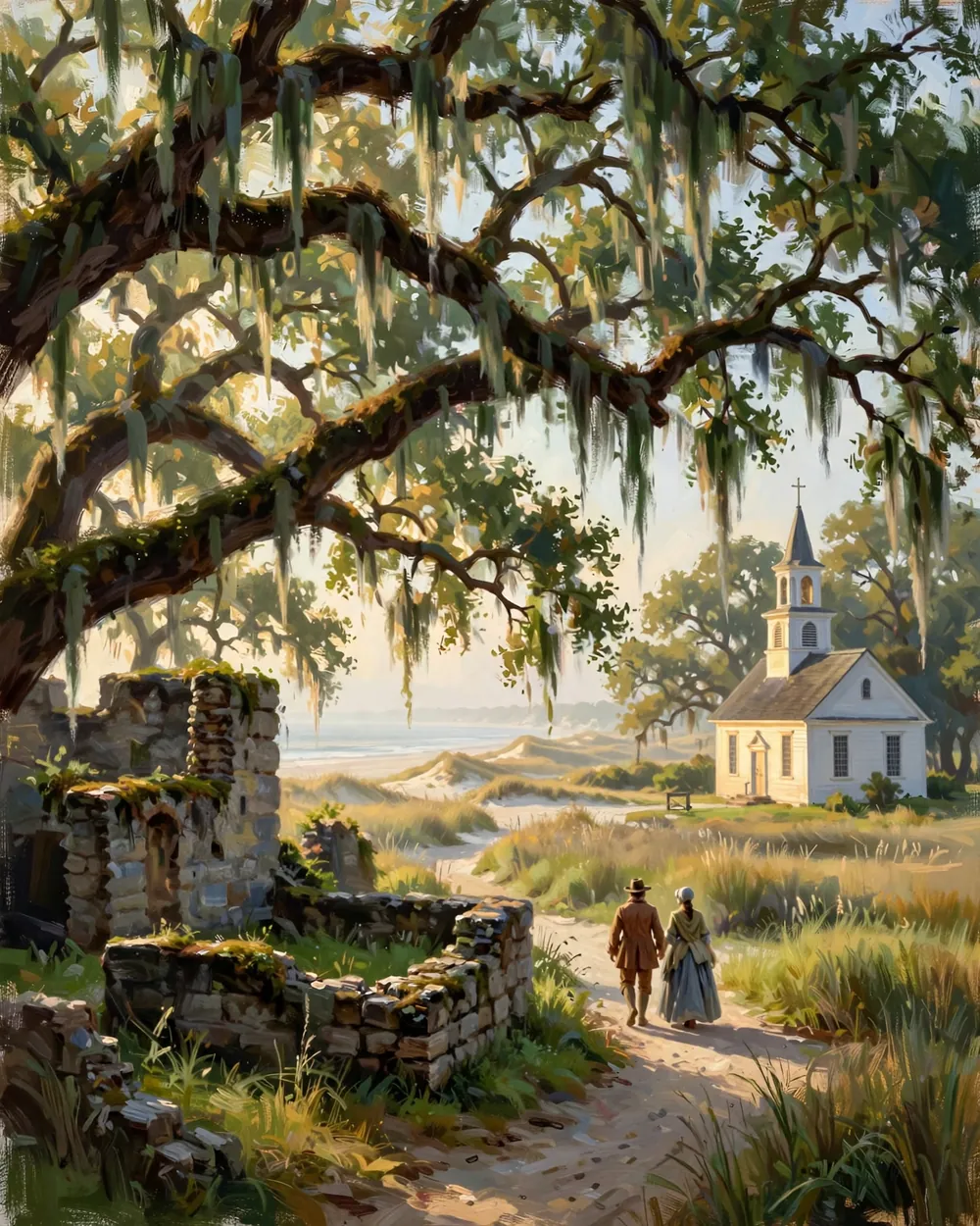 Day 2 graphic: Fort Frederica's tabby ruins under moss-draped oaks, Christ Church in morning light