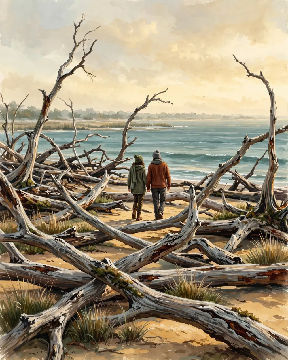 Day 3 graphic: Driftwood Beach's gnarled tree skeletons at low winter light