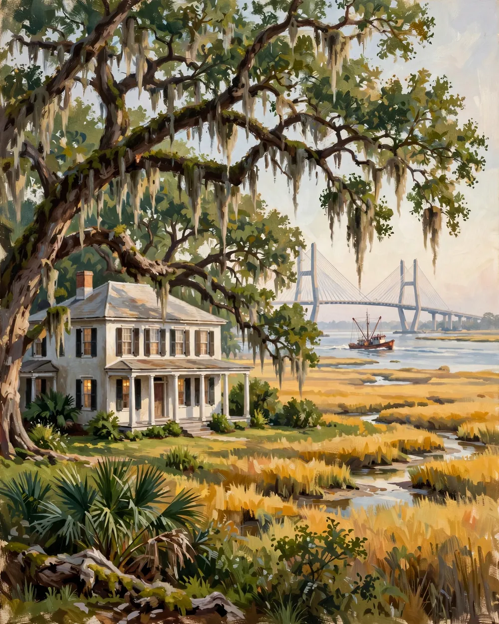 Day 4 graphic: the Hofwyl plantation house under ancient oaks, the Sidney Lanier Bridge beyond