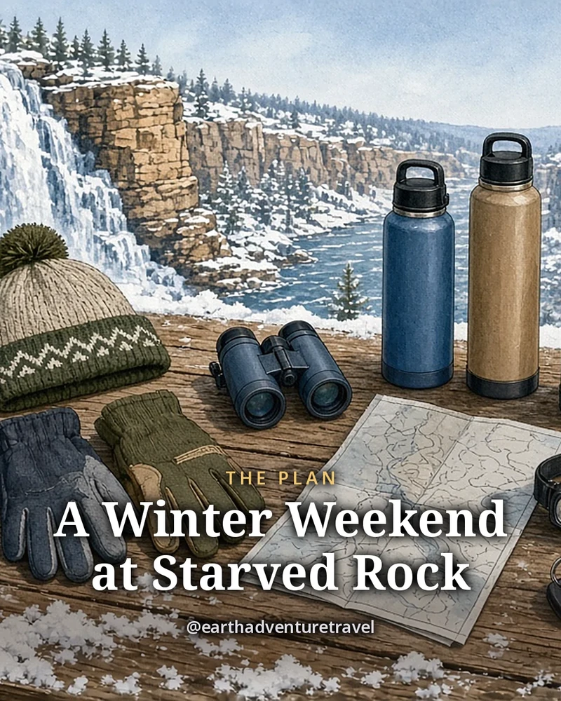 Illustration: a couple’s winter weekend kit on a snowy wooden picnic table, two pairs of traction cleats, knit hats and gloves, small binoculars, a thermos and two insulated bottles, a folded trail map, a headlamp, a car key and hand warmers, original illustrated plan card for a winter weekend at Starved Rock