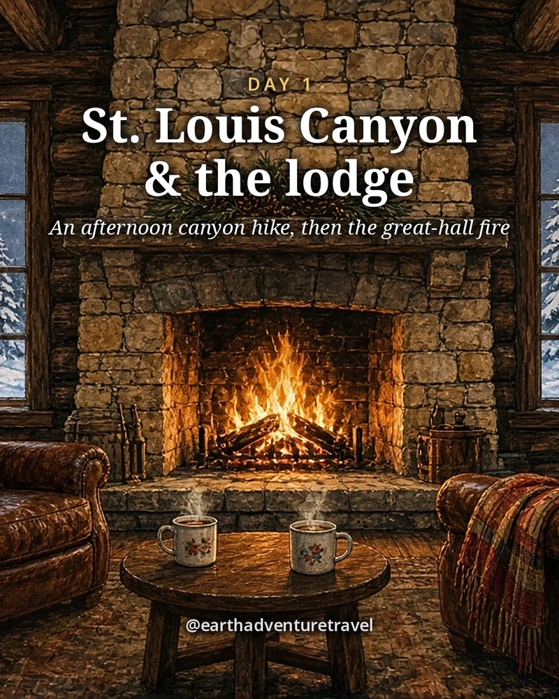 Illustration: the great hall of Starved Rock Lodge at dusk, a huge two-sided stone fireplace with a log fire, heavy log beams overhead, leather armchairs, two mugs on a low table and a couple seen from behind warming their hands, snow at the tall windows, illustrated day card for Day 1