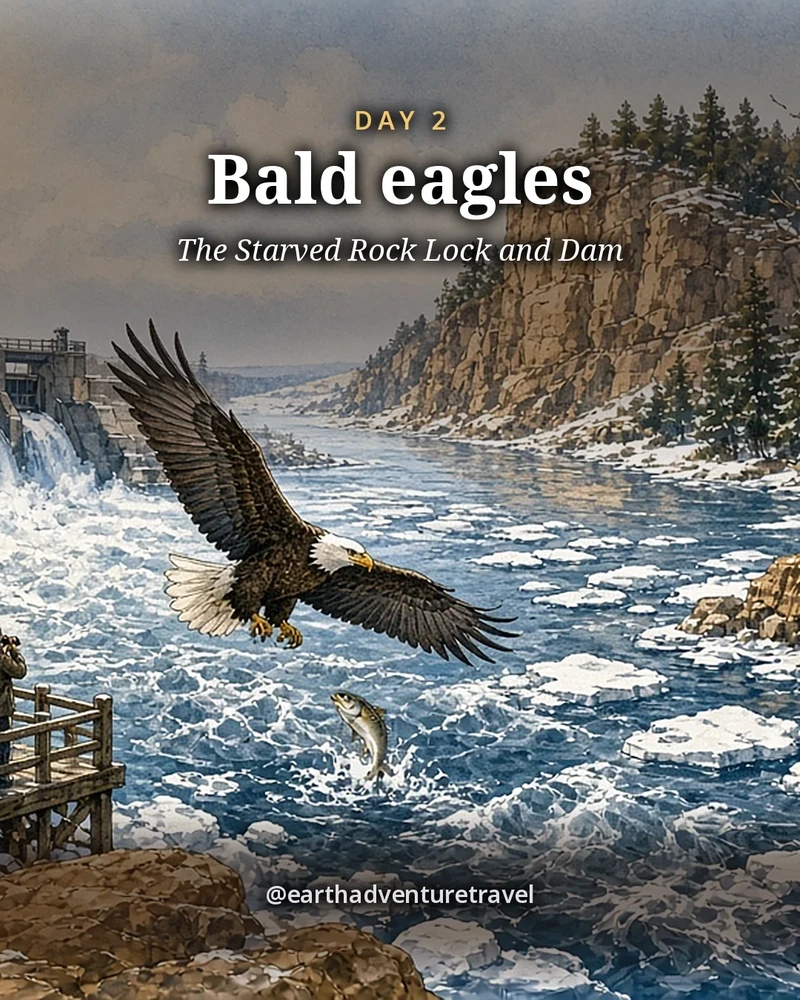 Illustration: bald eagles over the Illinois River below the Starved Rock Lock and Dam in winter, two eagles perched on a bare cottonwood and one gliding low over open dark water among ice floes, the concrete dam and gates behind and Starved Rock’s wooded bluff upriver, illustrated day card for Day 2