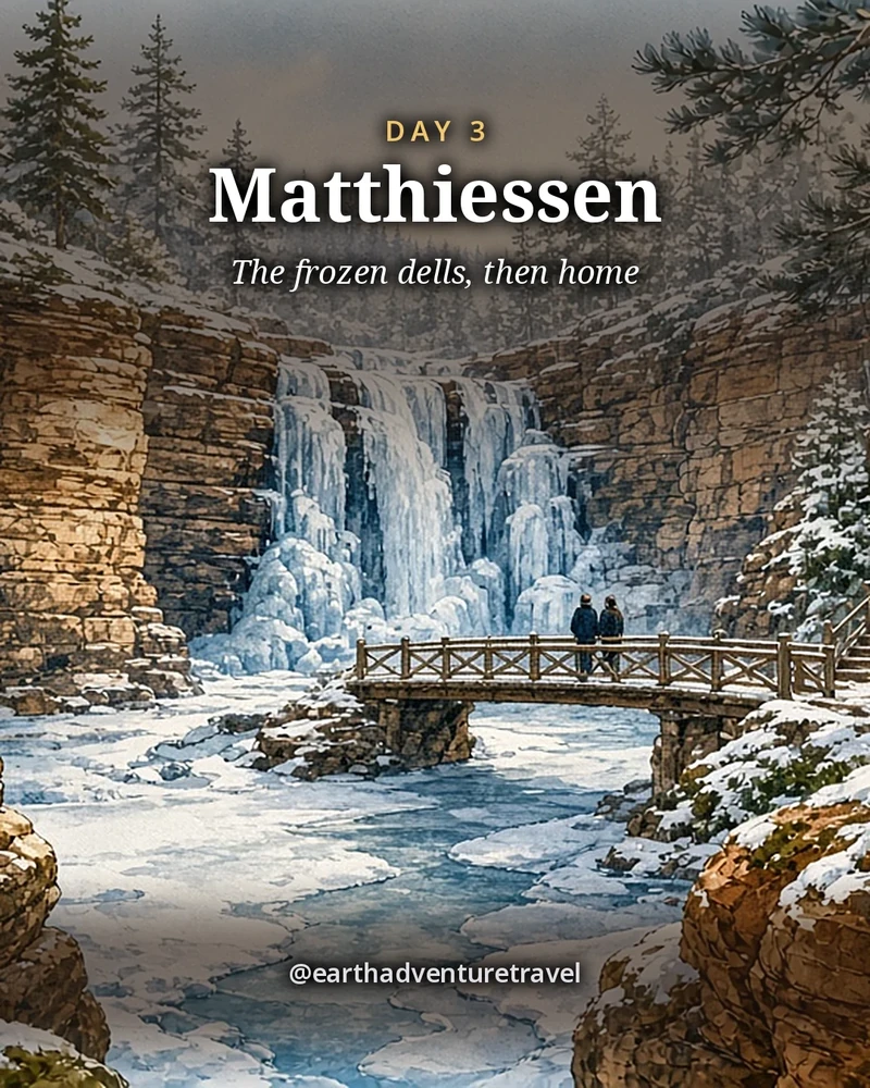 Illustration: the dells of Matthiessen State Park in winter, a frozen waterfall in a narrow sandstone gorge, icicles along mossy walls, a wooden footbridge over the iced stream and a couple crossing it in winter coats, illustrated day card for Day 3