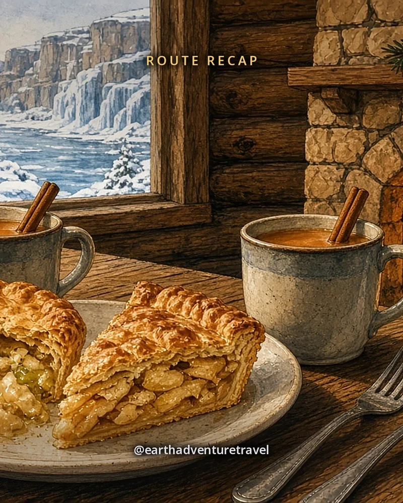 Illustration: pot pie with a flaky golden crust, a slice of apple pie and two mugs of hot cider with cinnamon sticks on a heavy wooden table beside a stone fireplace in a log lodge dining room, a snowy window behind, original illustrated recap card
