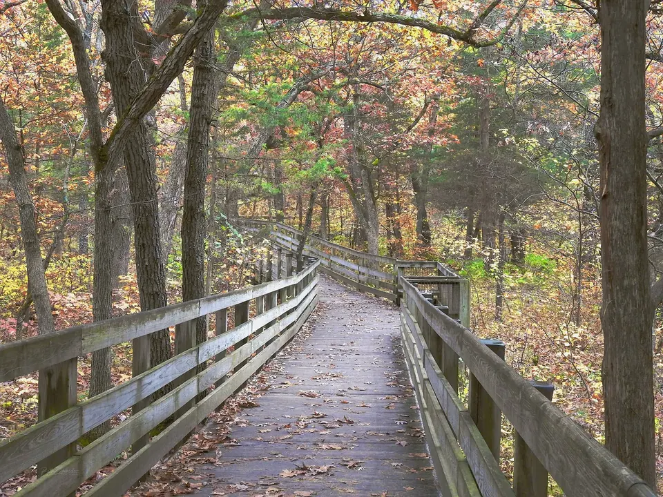 A trail vista over the Illinois River valley at Starved Rock State Park