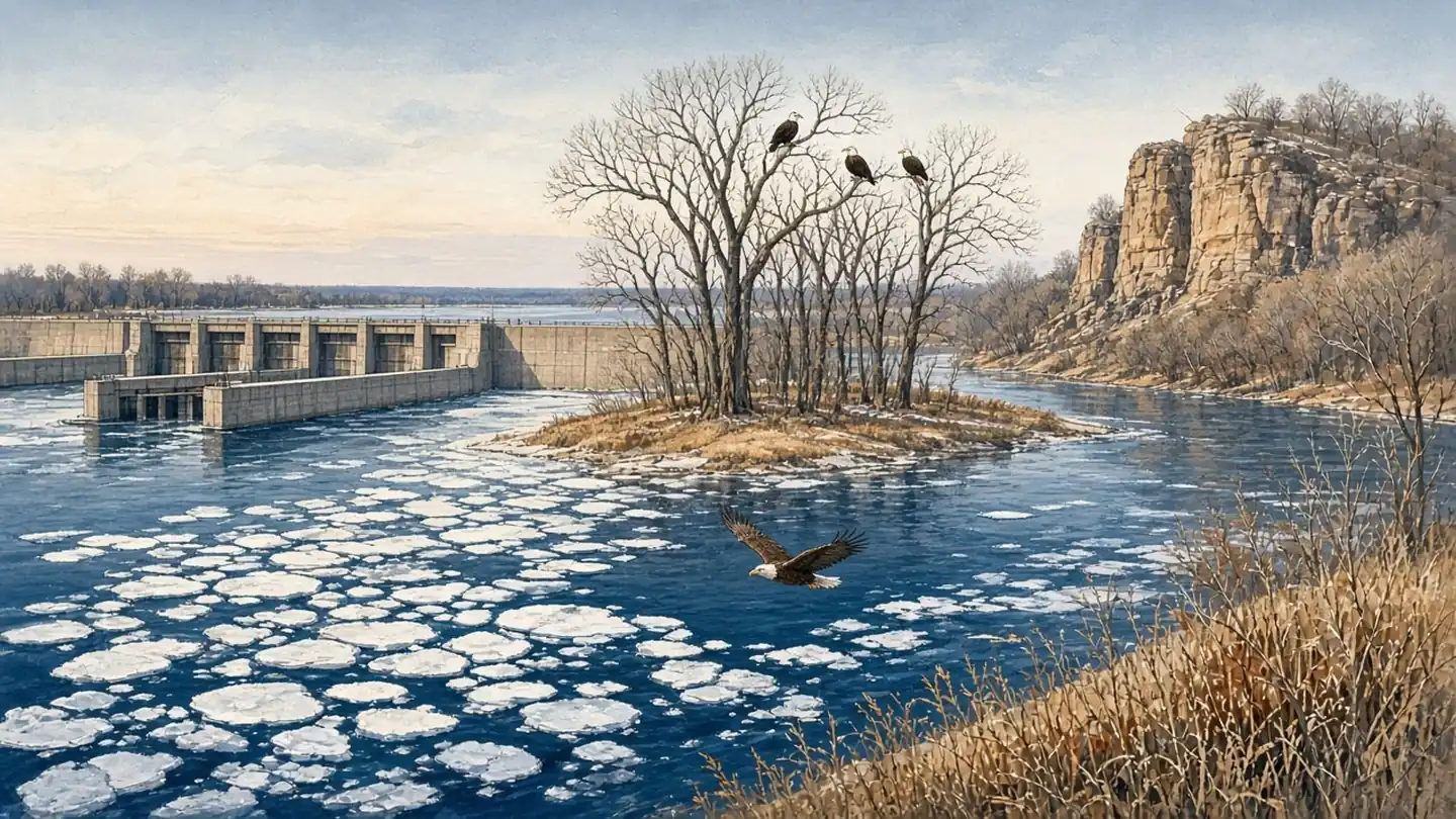 Illustration: The Illinois River below the Starved Rock Lock and Dam in January: open water, ice floes and bald eagles in the island cottonwoods (illustration).