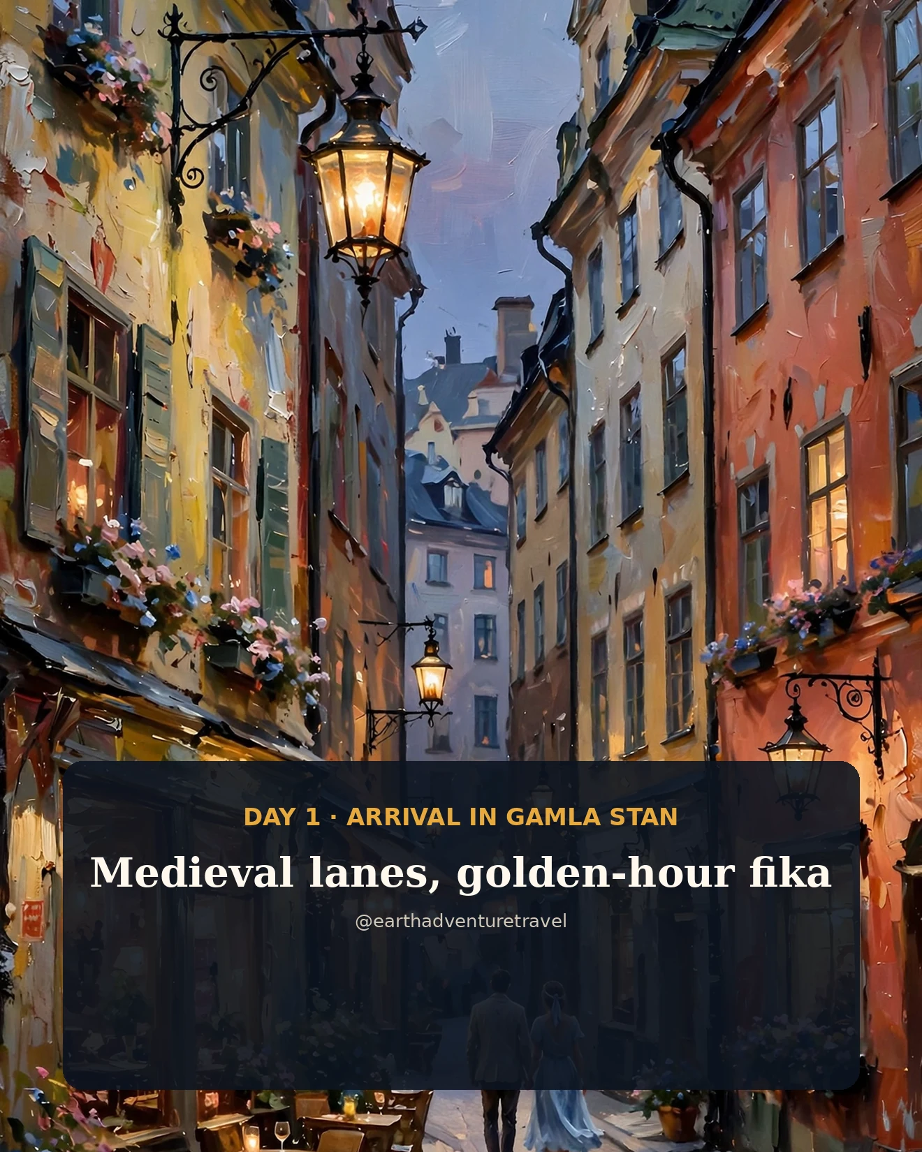 Painterly illustration of a Gamla Stan cobblestone lane at dusk with glowing cafe windows