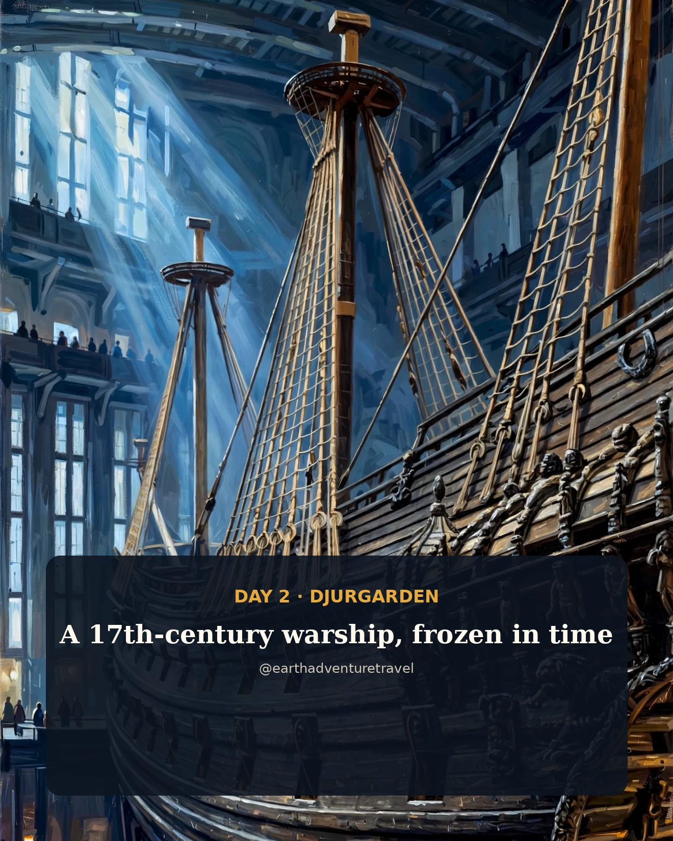 Painterly illustration of the Vasa warship's dark wooden hull inside the museum hall