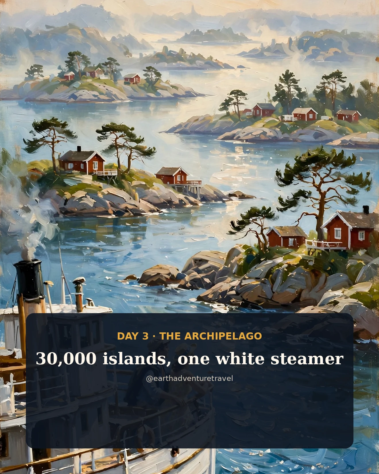 Painterly illustration of a white steamship cruising past red cottages in the Stockholm archipelago