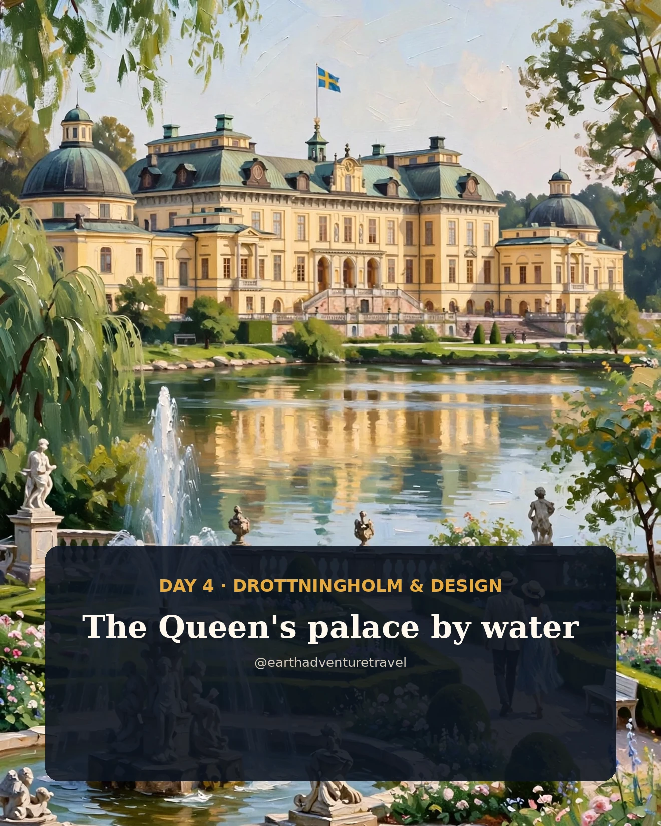 Painterly illustration of Drottningholm Palace reflected in the lake with baroque gardens
