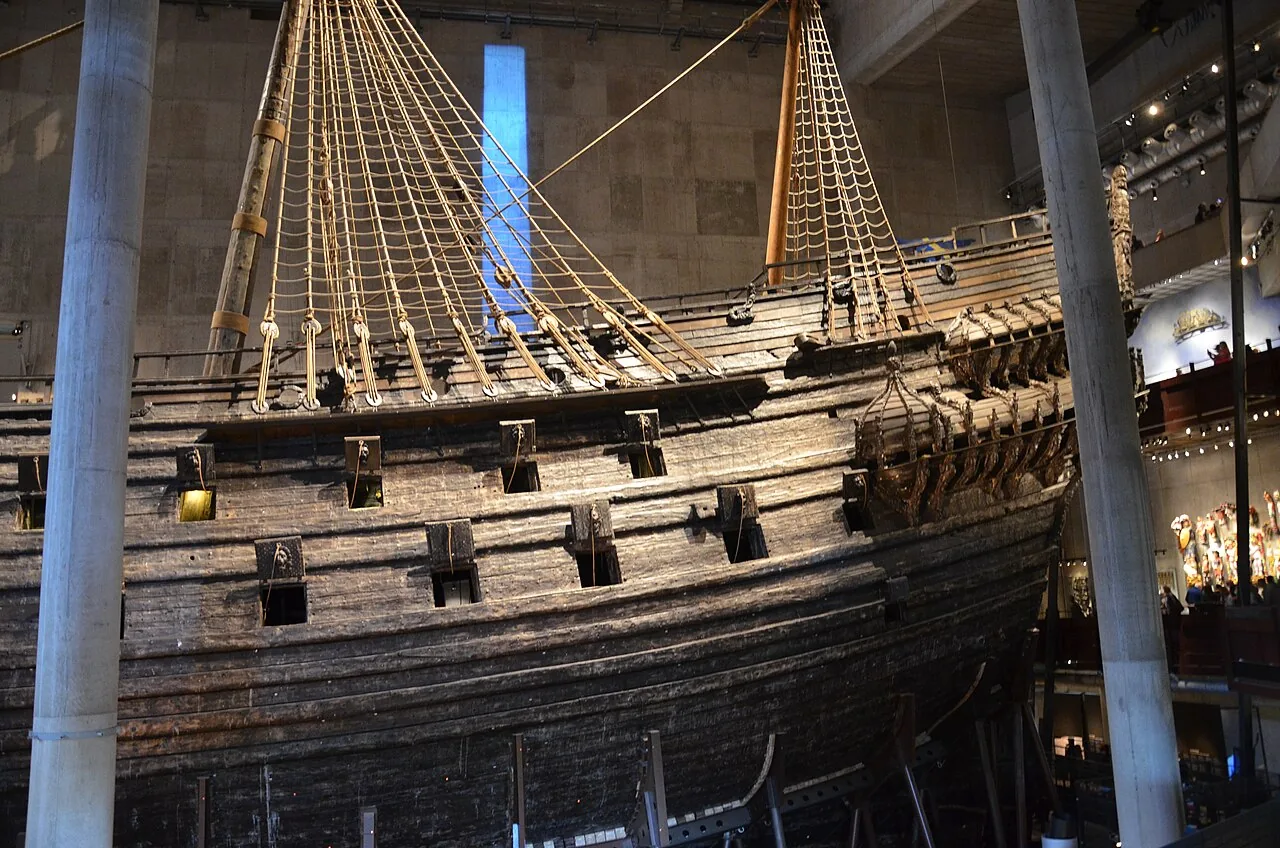 The Vasa warship's carved wooden hull inside the Vasa Museum