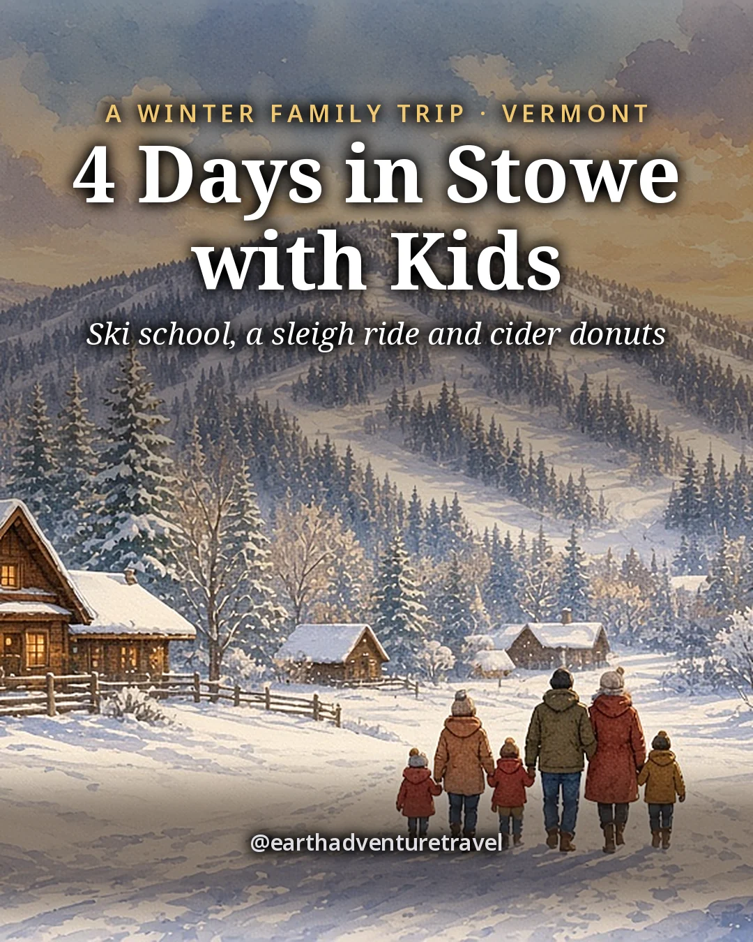 Illustration: the cover for 4 Days in Stowe with Kids, a small family seen from behind on a gentle beginner slope under snowy Mount Mansfield, with ski trails through spruce forest