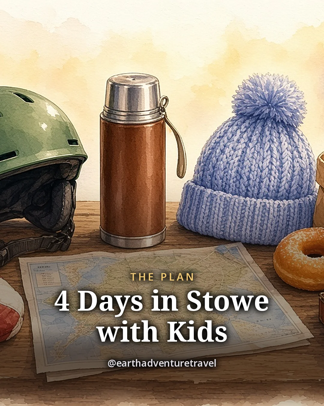 Illustration: small mittens, a child’s ski helmet, a thermos of cocoa, hand warmers, a knit hat with a pom-pom, a paper bag of cider donuts and a small maple-leaf tin on a wooden table, original illustrated plan card for 4 days in Stowe