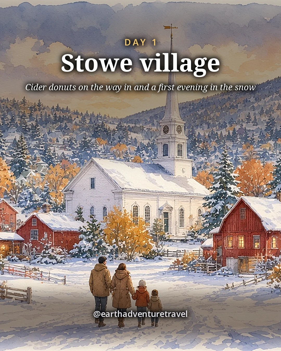 Illustration: a snowy New England village with a white church steeple, clapboard houses and lit windows below a forested mountain at dusk, illustrated day card for Day 1