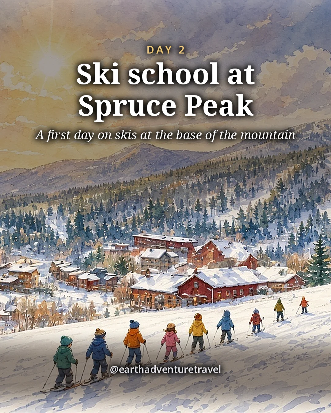 Illustration: a gentle beginner slope with small skiers, a wooden base lodge and a mountain with snowy trails above, illustrated day card for Day 2