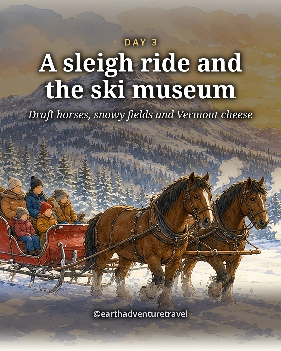 Illustration: two big draft horses pulling a red sleigh across a snowy field with spruce trees and a rounded mountain beyond, illustrated day card for Day 3
