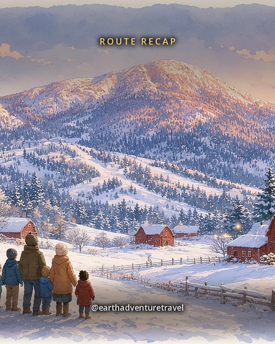 Illustration: the long ridge of Mount Mansfield at dusk above snowy farm fields, spruce woods and a few lit farmhouse windows, original illustrated recap card