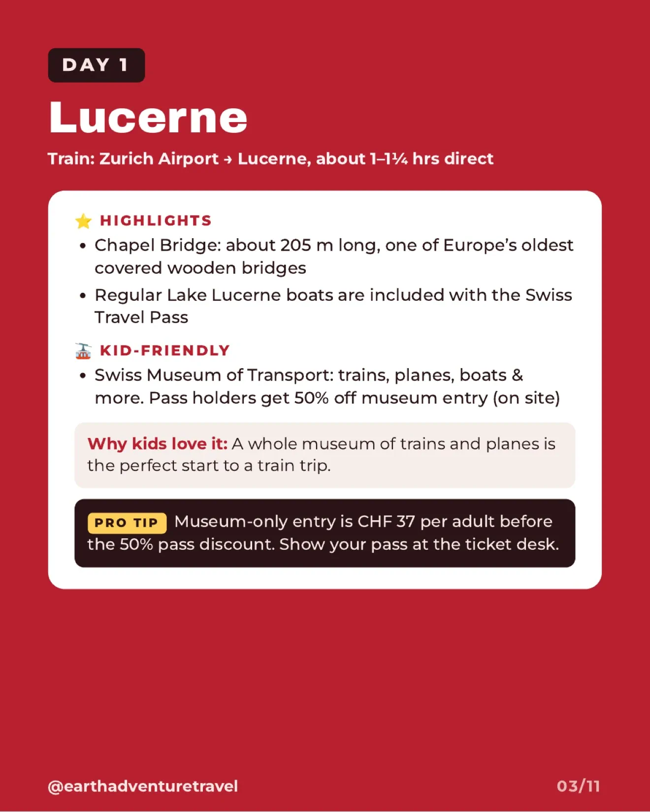 Day one itinerary card for Lucerne with Chapel Bridge and the Swiss Museum of Transport