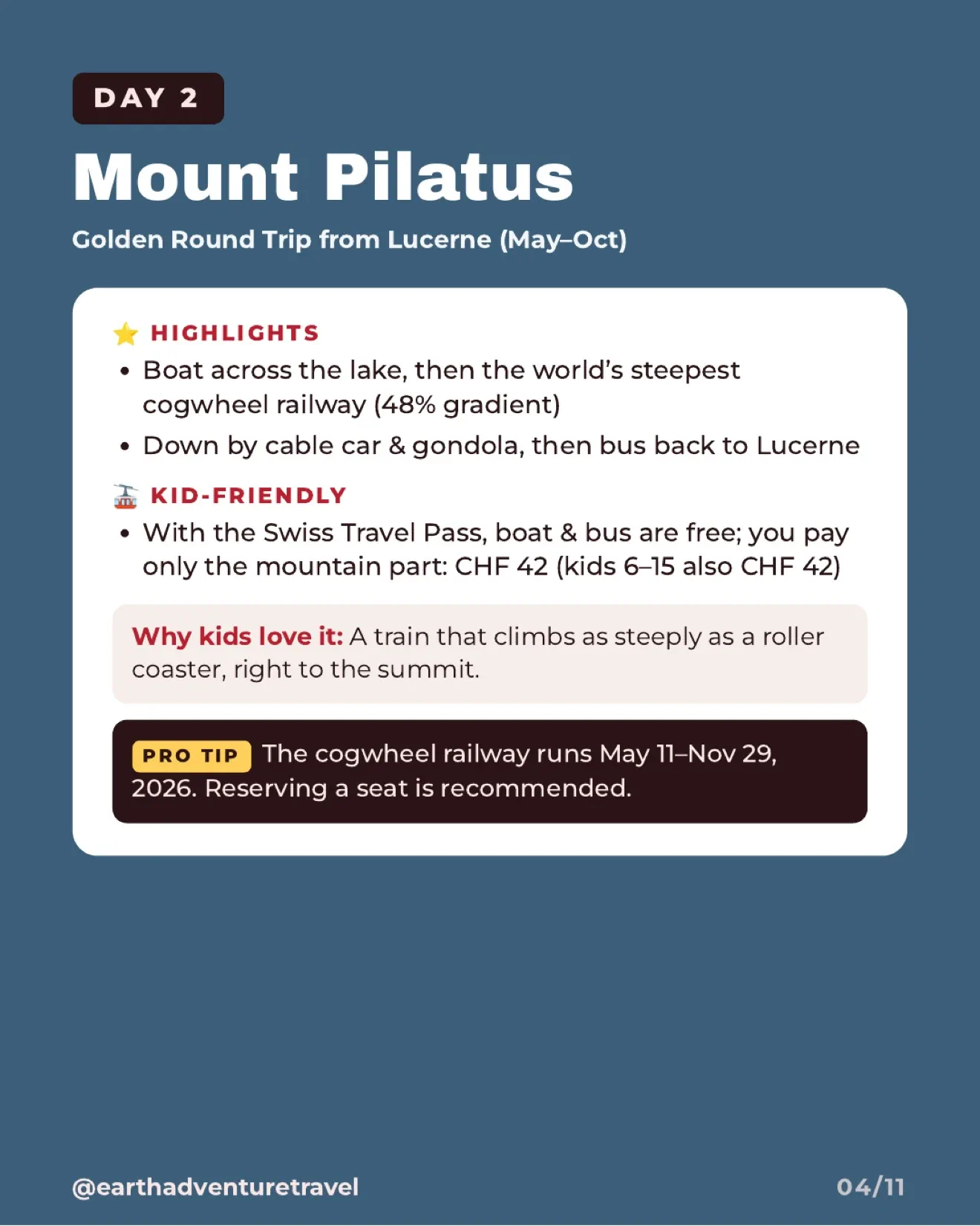 Day two itinerary card for the Mount Pilatus Golden Round Trip