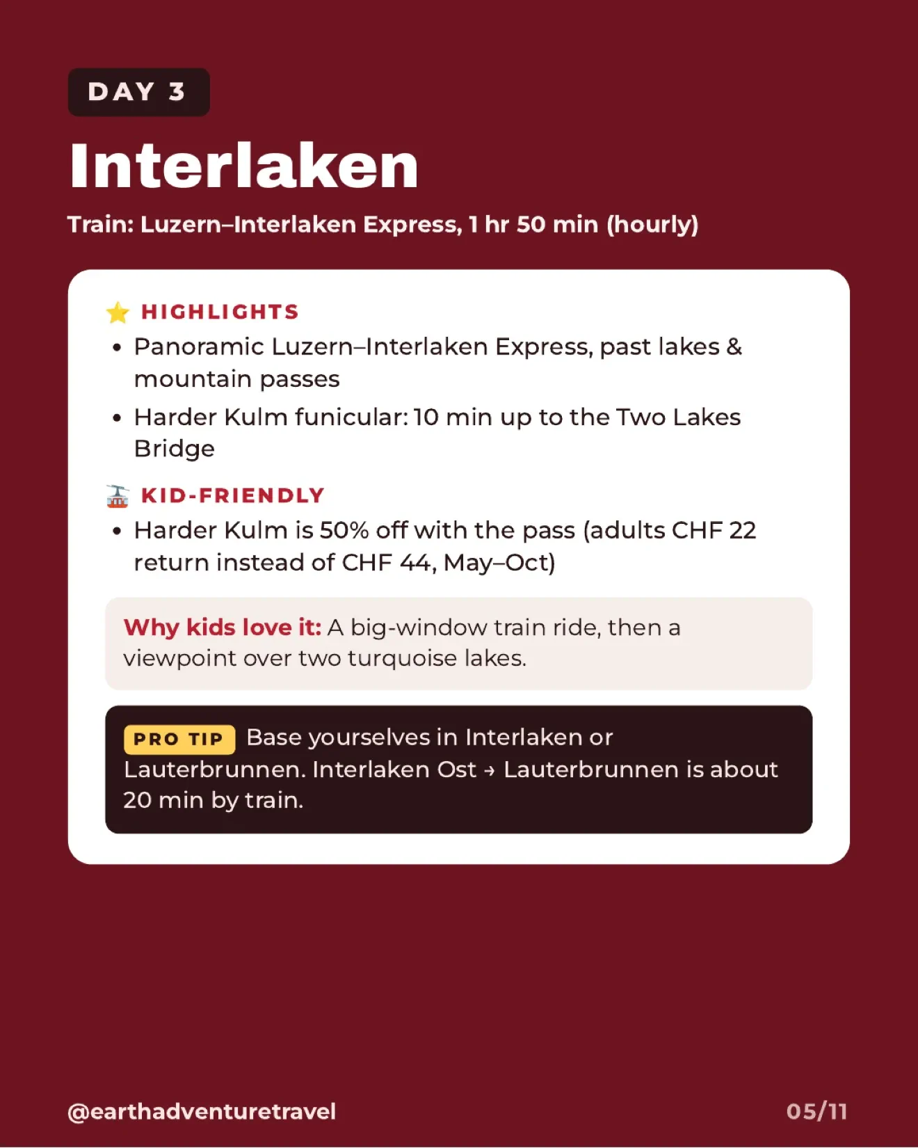 Day three itinerary card for the Luzern–Interlaken Express and Harder Kulm
