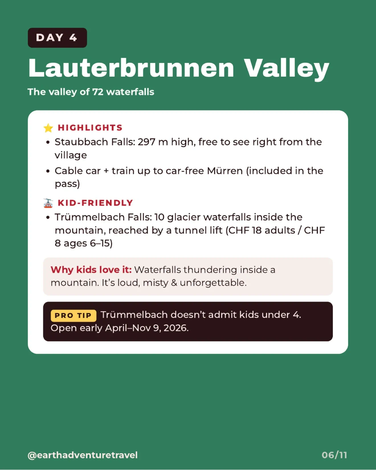 Day four itinerary card for Lauterbrunnen Valley, Mürren and Trümmelbach Falls