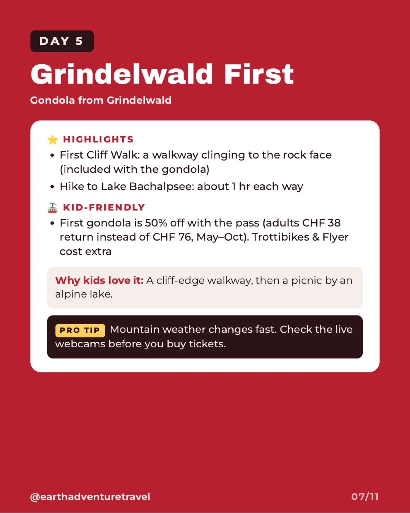 Day five itinerary card for Grindelwald First, the cliff walk and Bachalpsee