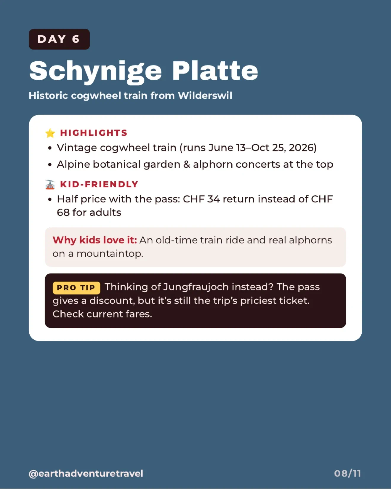 Day six itinerary card for the historic Schynige Platte cogwheel railway