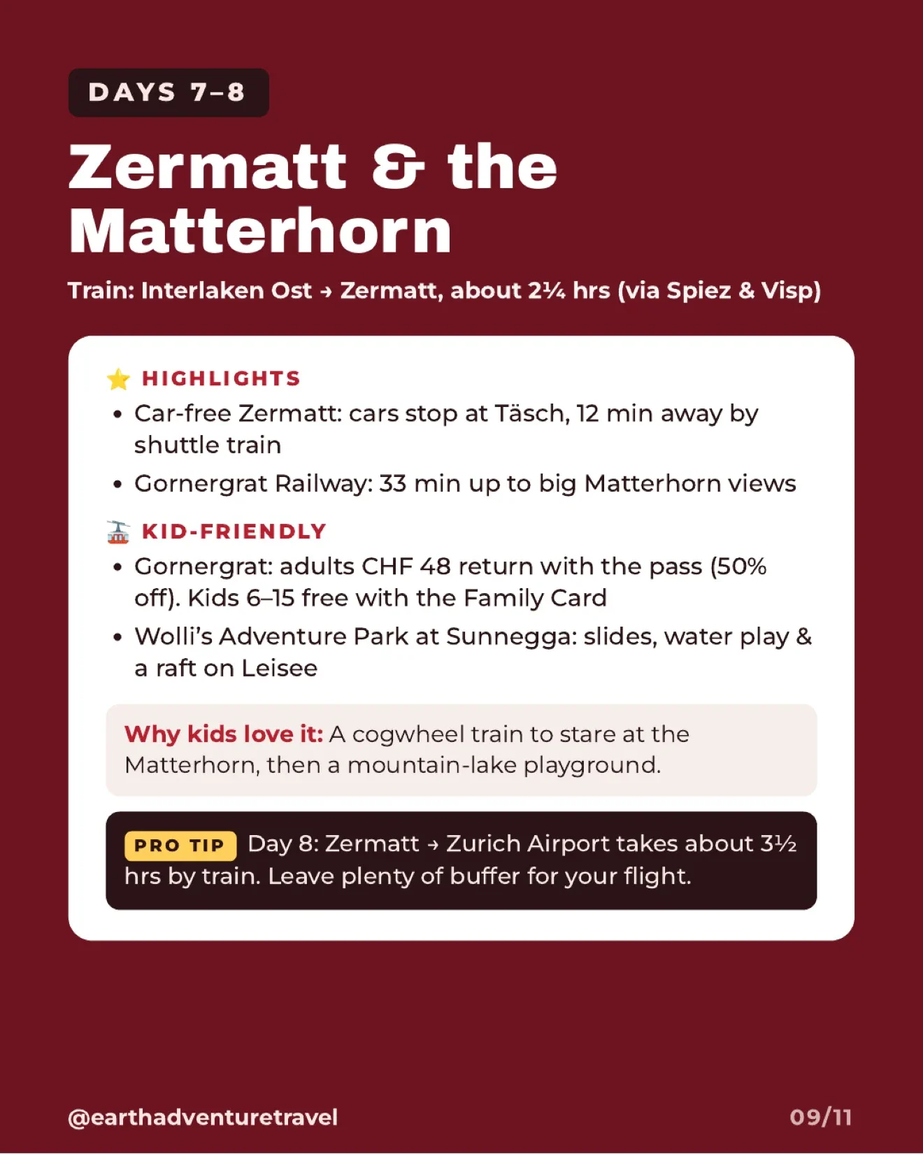 Days seven and eight itinerary card for Zermatt, Gornergrat and the Matterhorn
