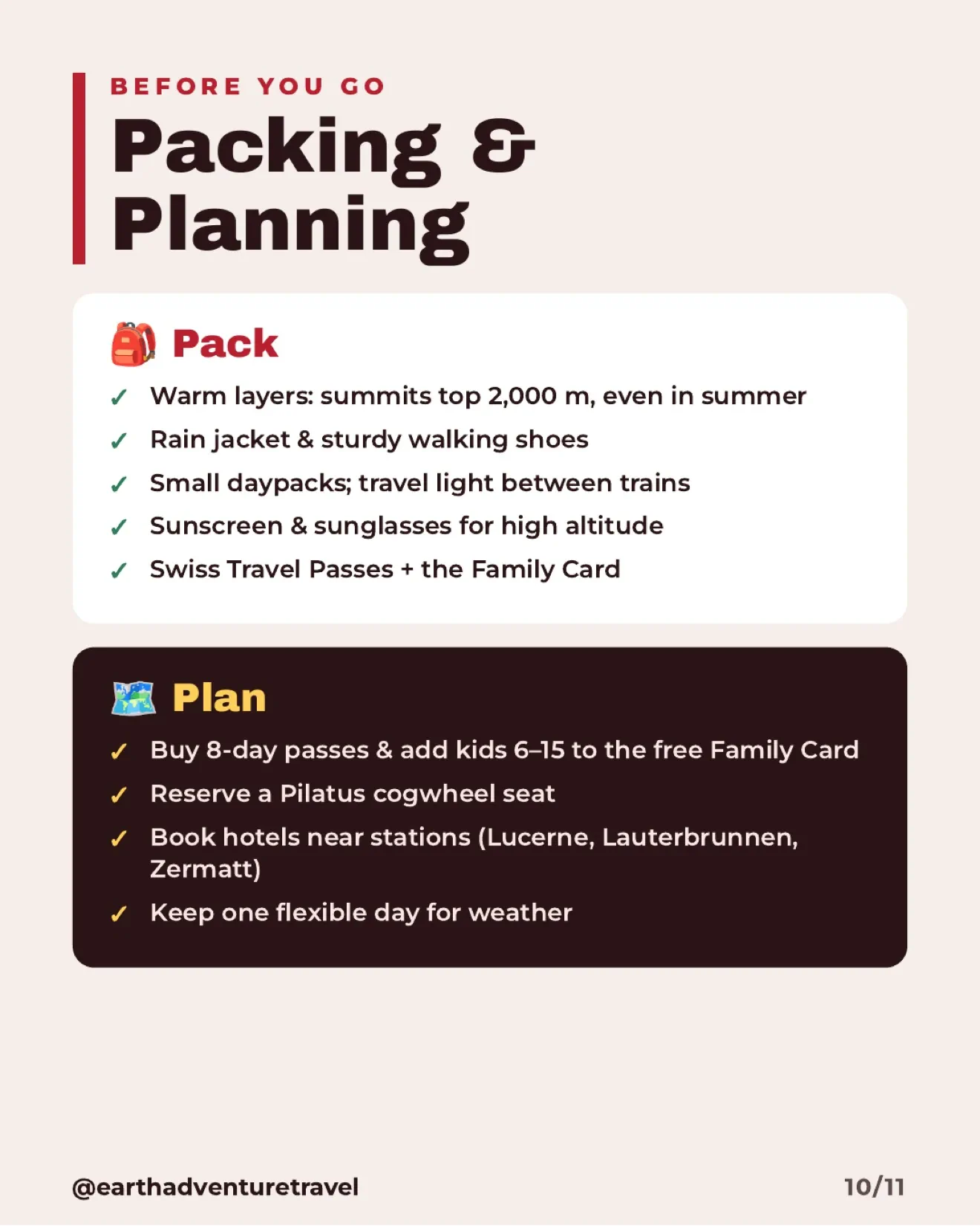 Graphic packing and planning list for the Switzerland family train trip