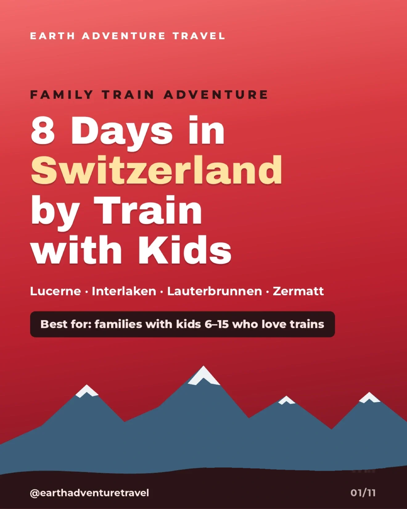 Illustrated family riding a red train through the Swiss Alps
