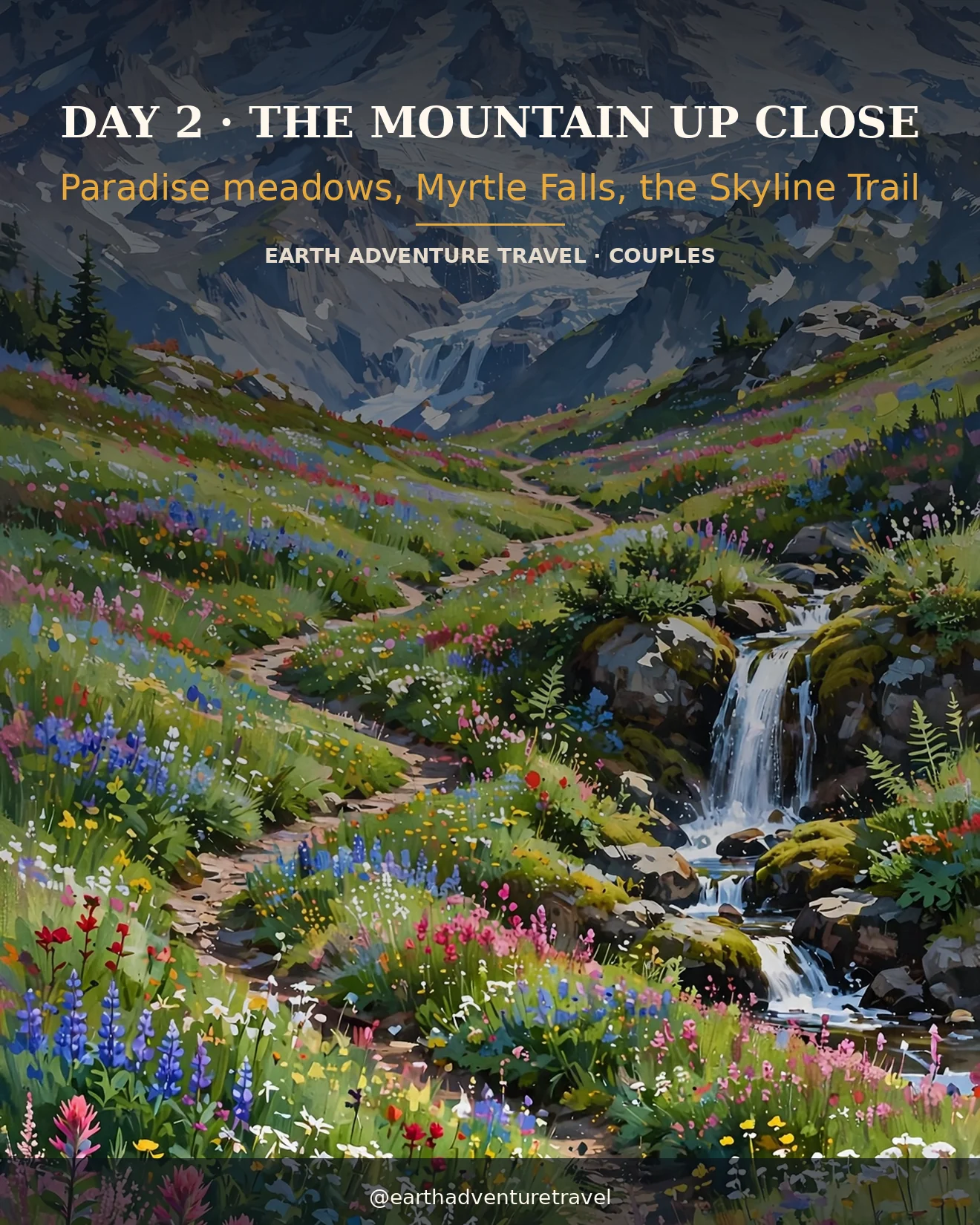 Day 2 itinerary card: Paradise wildflower meadows with the volcano looming above