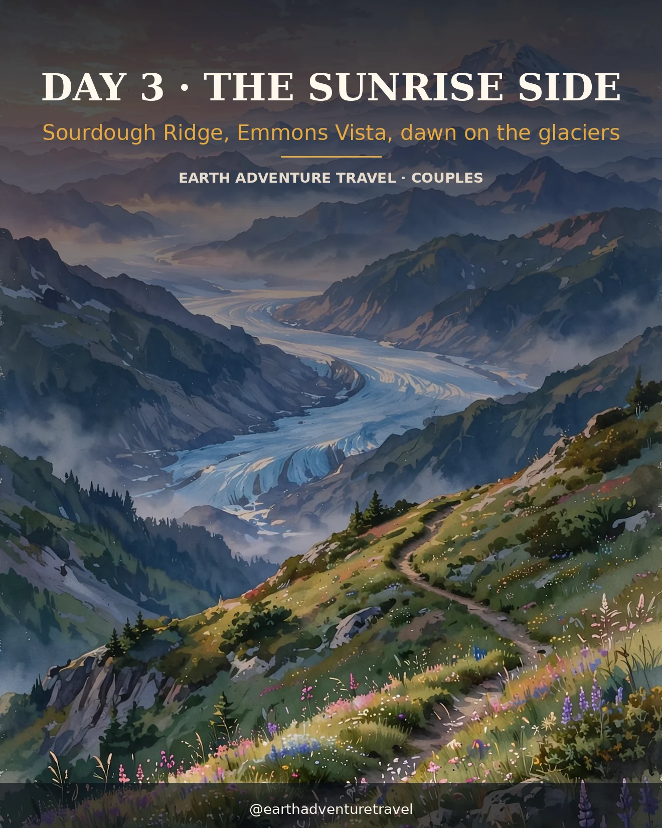 Day 2 itinerary card: dawn light on the Sunrise side of Mount Rainier